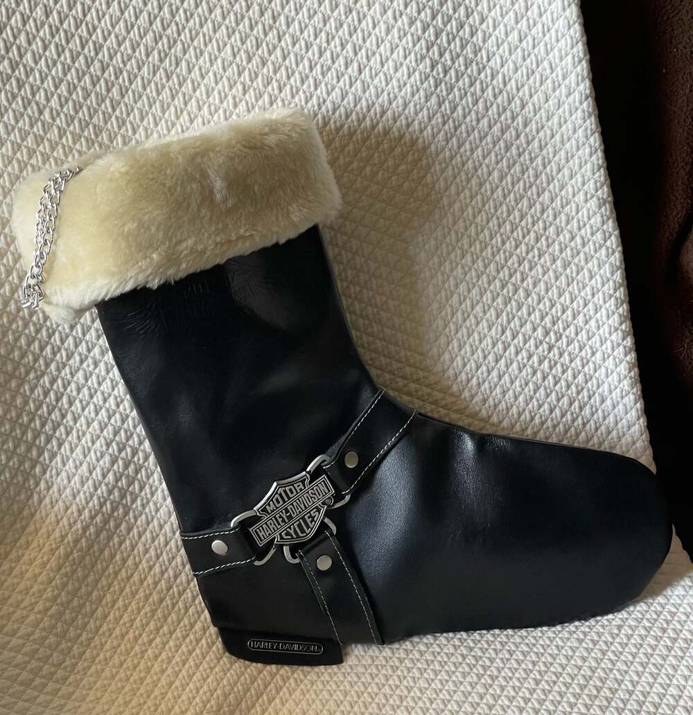 VTG 1997 Harley Davidson Christmas Stocking Black Faux Leather Fur Boot